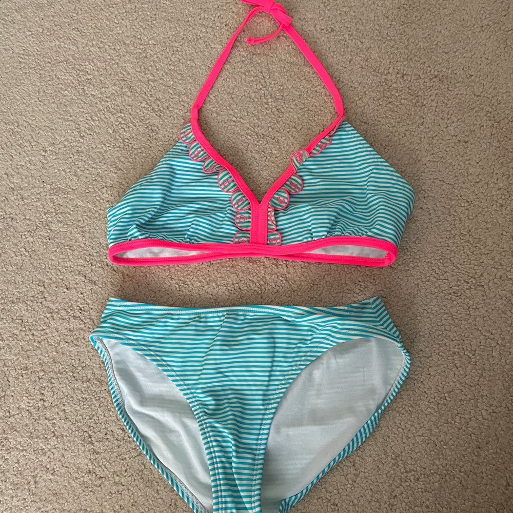 Girls Blue and Pink Nautical Stripe Bikini - 10-12